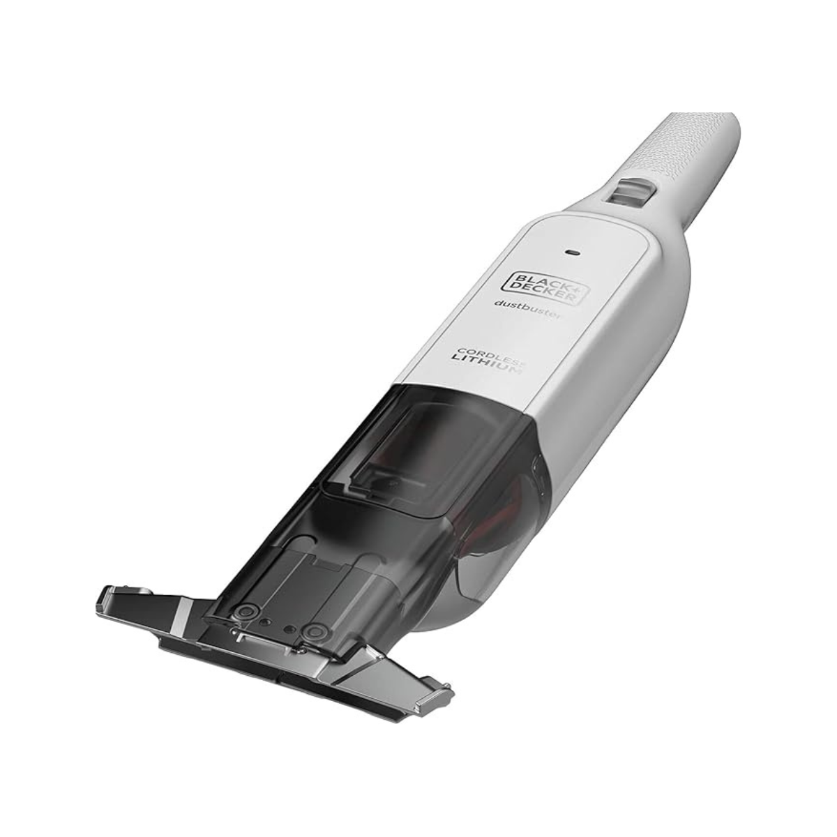 Aspirateur à main BLACK+DECKER PELICAN HLVC320B11 sur sa base de chargement, couleur titane